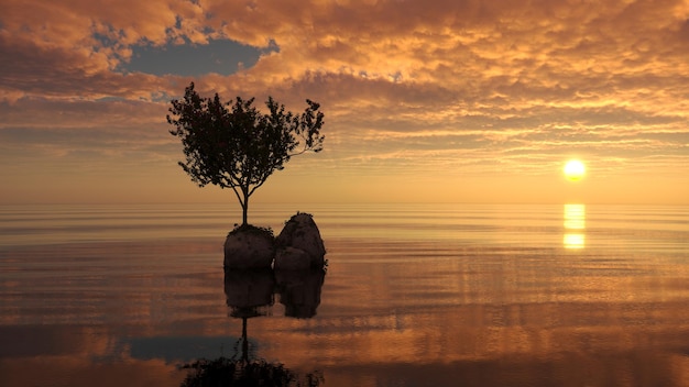 tree on an island in the middle of a lake beautiful landscape 3D illustration cg render