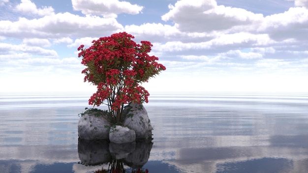 tree on an island in the middle of a lake beautiful landscape 3D illustration cg render