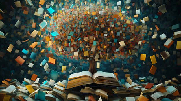 Photo tree of knowledge emerging from open books abstract learning concept vibrant imagination knowledge expansion intellectual growth