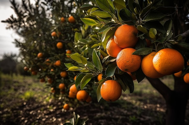 Tree Laden Ripe Oranges Citrus Fruits Hanging Branches Bright orange contrast agains green leaves