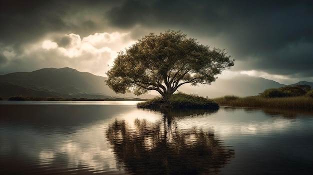 A tree on a lake with mountains in the background