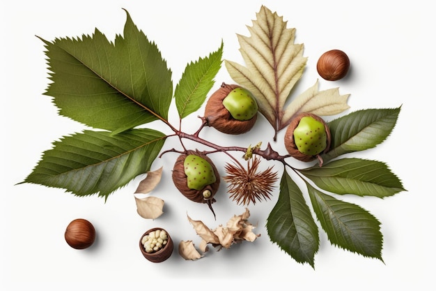 Tree leaves and horse chestnuts on a white backdrop