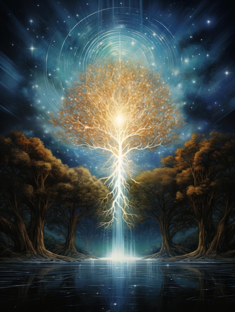 The tree of life on the background of a mystical night landscape esoteric concept