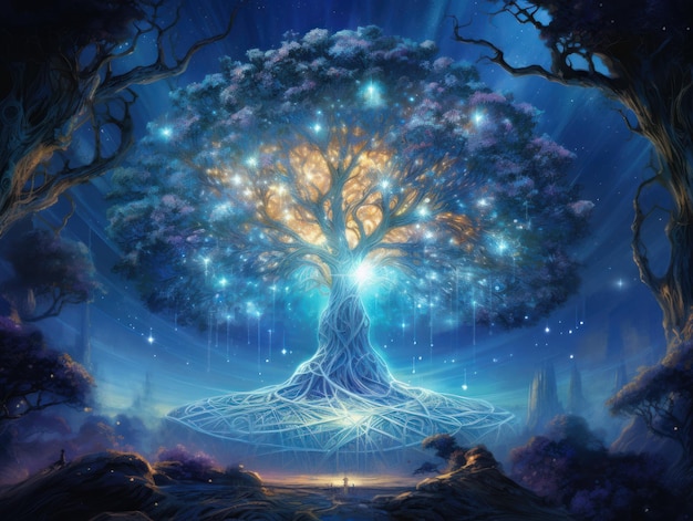 The tree of life on the background of a mystical night landscape esoteric concept