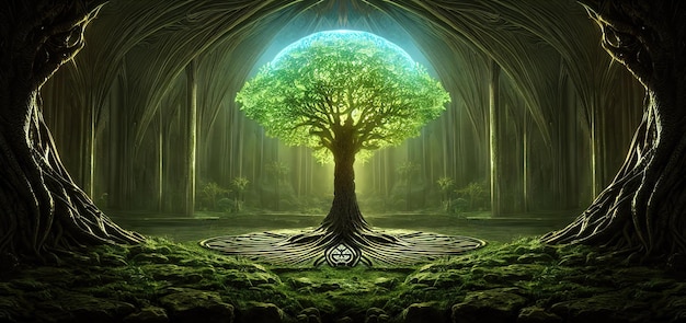 Tree of life center of universe Magical divine tree of immortality in a fabulous heavenly forest Sacred source of the planet life 3d illustration