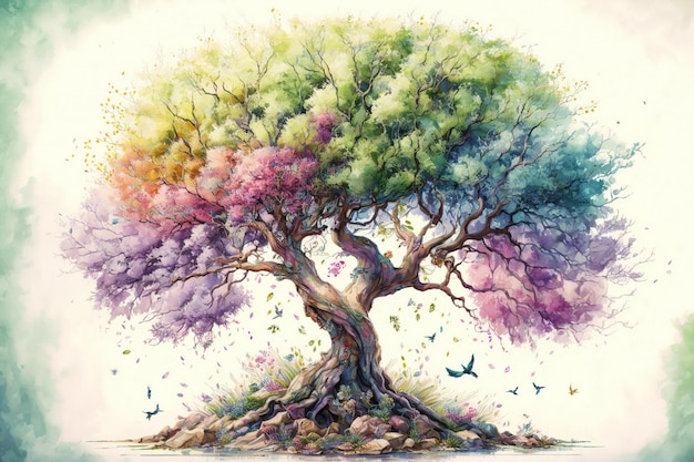 The tree of life in colorful spring watercolor painting style