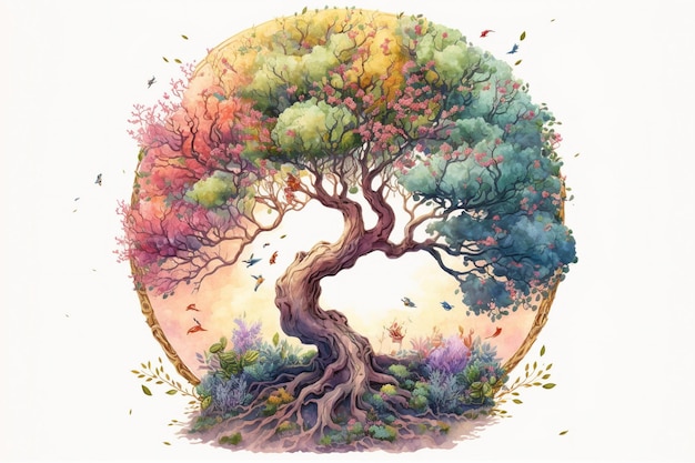 The tree of life in colorful spring watercolor painting style