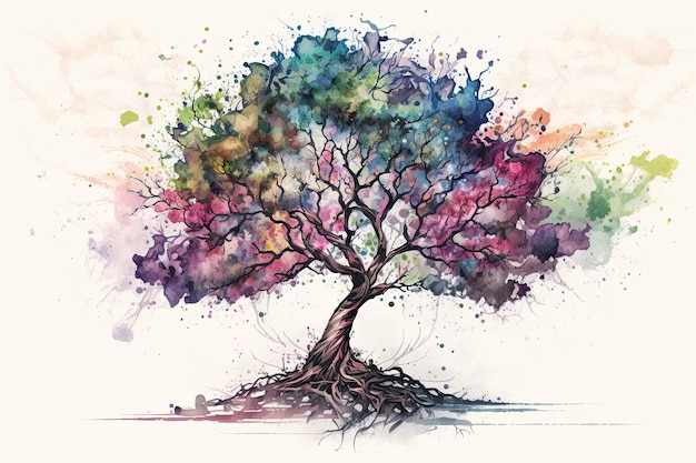 The tree of life in colorful watercolor on white background Generative AI