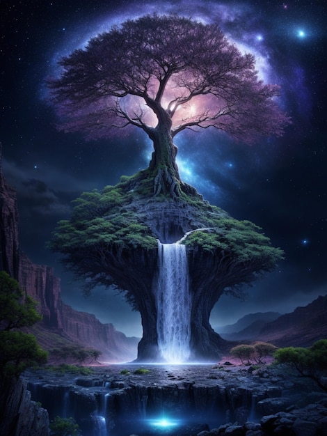 tree of life in galaxy universe dramatic fantasy waterfall