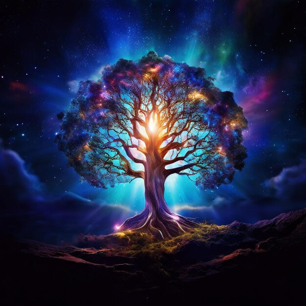 Tree of life growing out of planet magical forest with fireflies or lightning bug