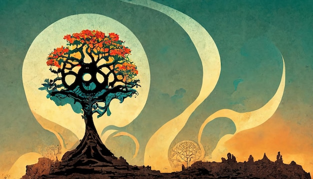 Tree of life sacred symbol Individuality prosperity and growth concept Retro style digital art