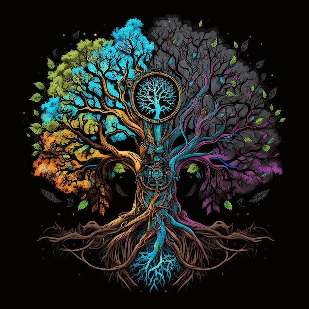 A tree of life with the colors of the rainbow.