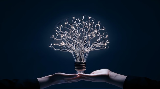 Tree light bulb glowing hold in hand on blue background