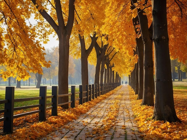 a tree lined path with a fence and a fence with a fence in the background