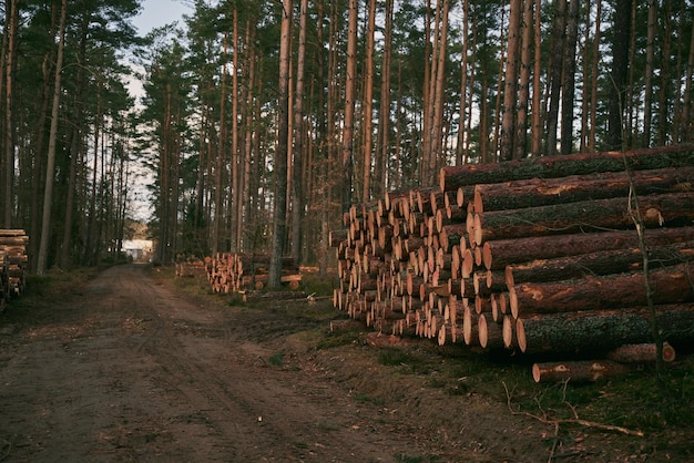 Tree logs in the forest Stack of chopped woods stack