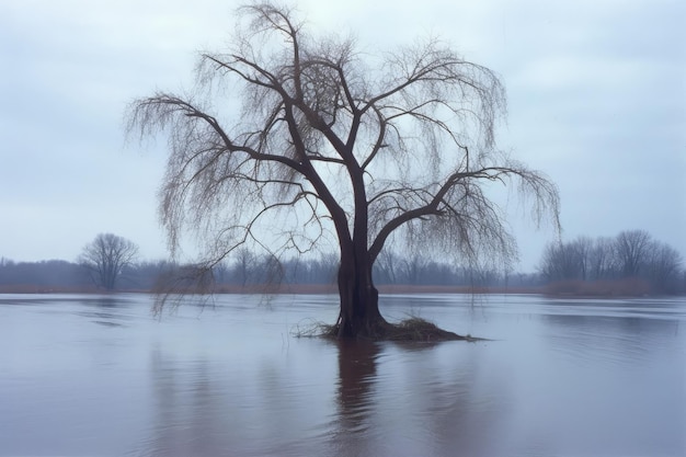 A tree in the middle of a lake with the word willow on it