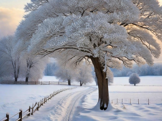 A tree in the middle of a snowy field