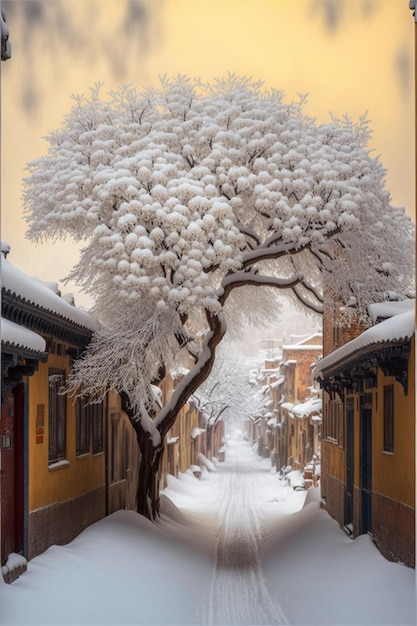 Tree in the middle of a snowy street generative ai