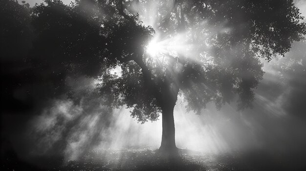 a tree in the mist with the sun shining through it