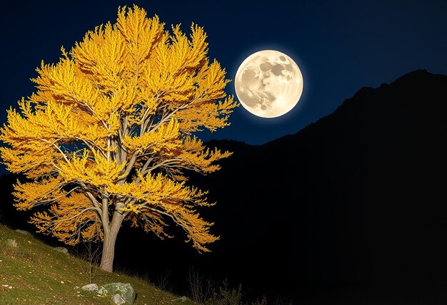 Photo a tree in the mountain a night of blue sky of full moon and stars