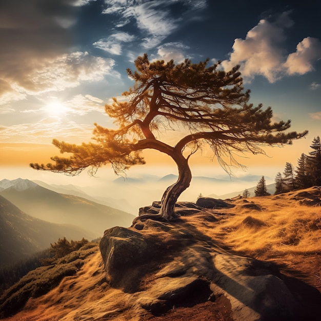 A tree on a mountain with the sun setting behind it