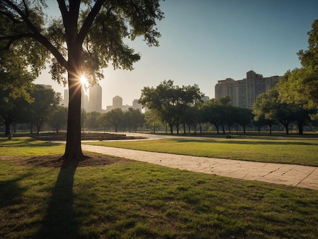 Photo a tree in a park with a sidewalk and a building in the background