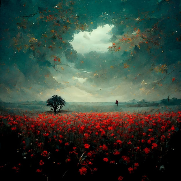 A tree in a red flower field