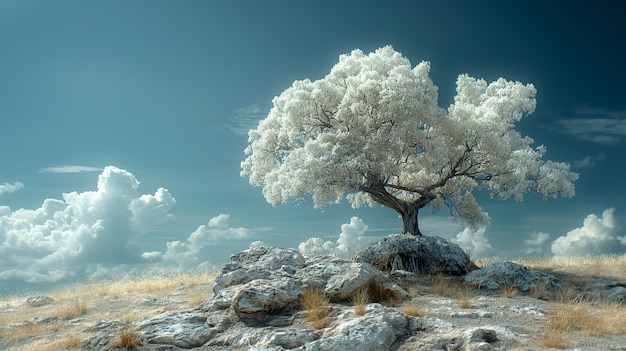 a tree on a rock in a field with the sky in the background