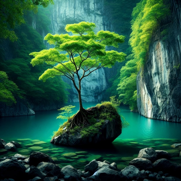 tree on the rock water background