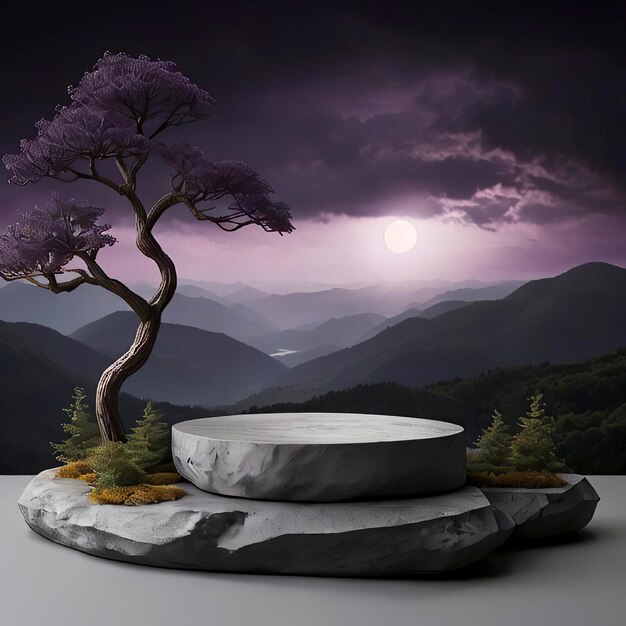 a tree on a rock with a full moon in the background