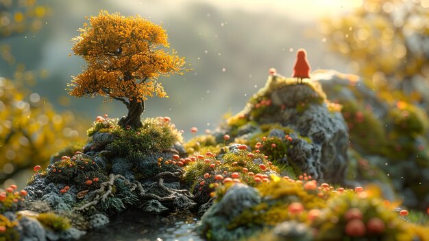 Photo a tree on a rock with a red hat on it