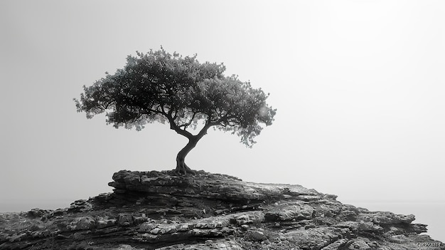 a tree on a rock with the sun behind it