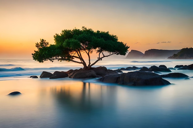 A tree on the rocks at sunset