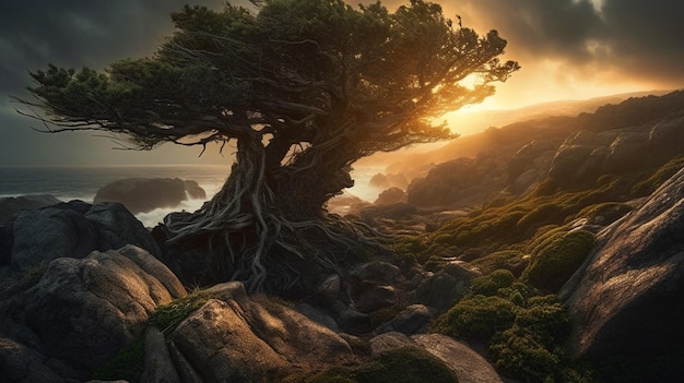 A tree on the rocks with the sun setting behind it