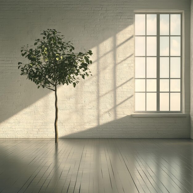 Photo a tree in a room with a window and a white wall with a tree in the middle