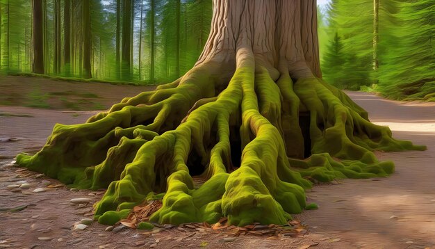 A tree root growing around and separating a large rock with green foliage surrounding it