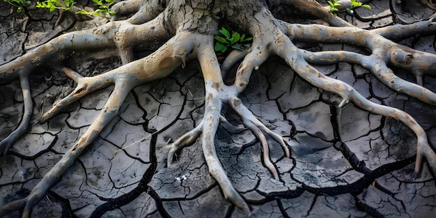 Tree roots breaking through dry cracked ground symbolizing impact of climate change Concept Climate Change Tree Roots Cracked Ground Environmental Impact