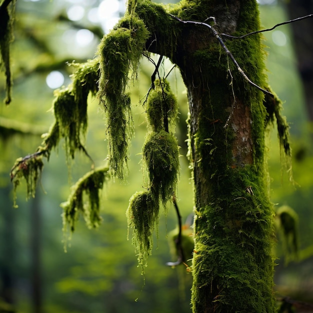 Tree roots in forest covered with overgrown green moss creeping over the rock Generative AI