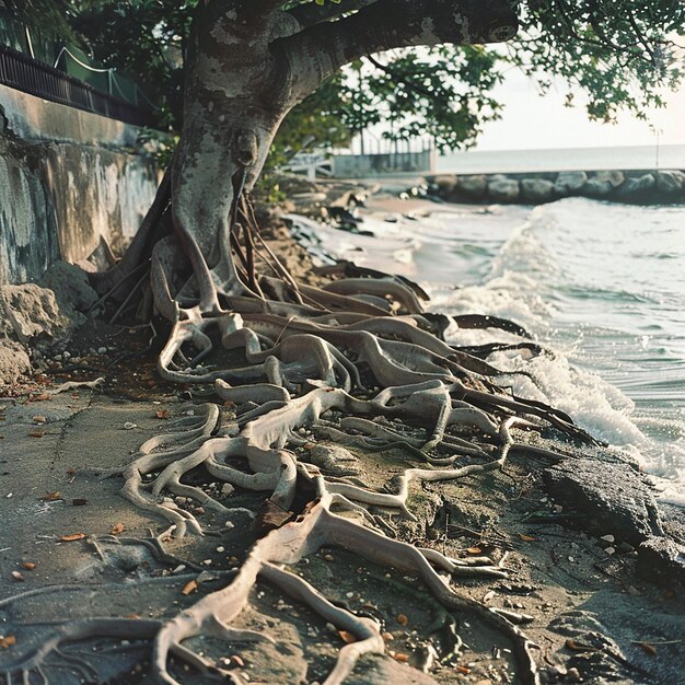 Photo tree roots on the ground near the beach