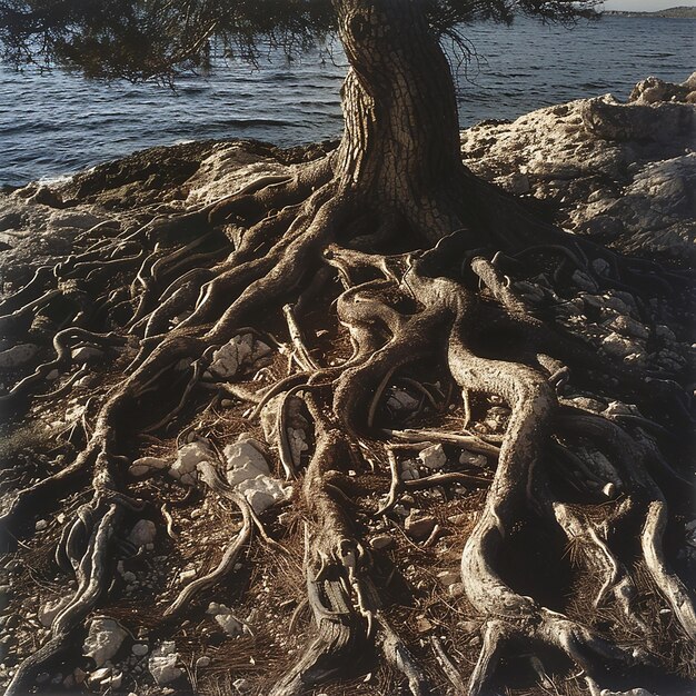 Photo tree roots on the ground near the beach