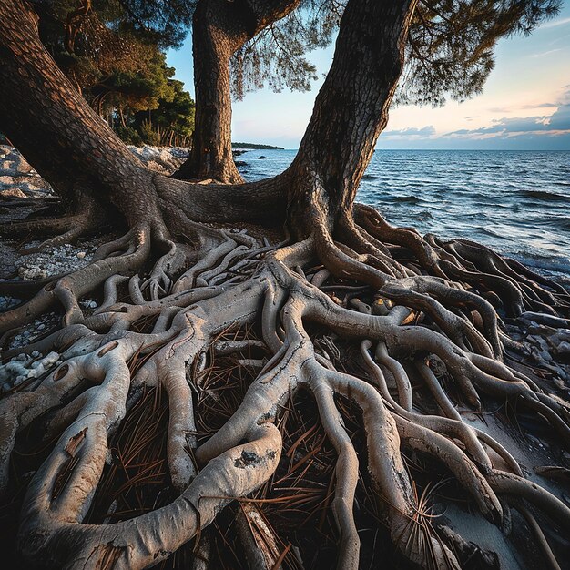 Photo tree roots on the ground near the beach