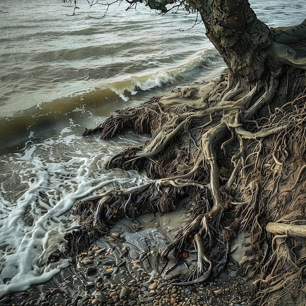 Photo tree roots on the ground near the beach