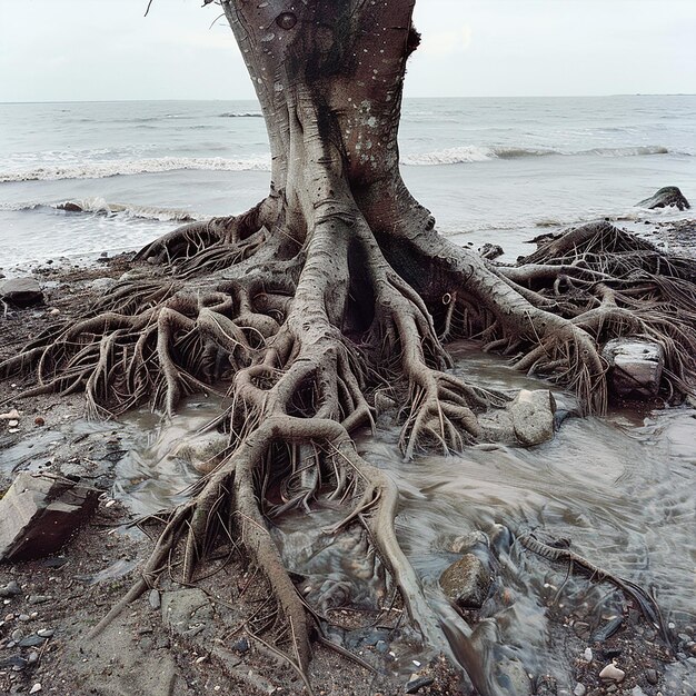 Photo tree roots on the ground near the beach