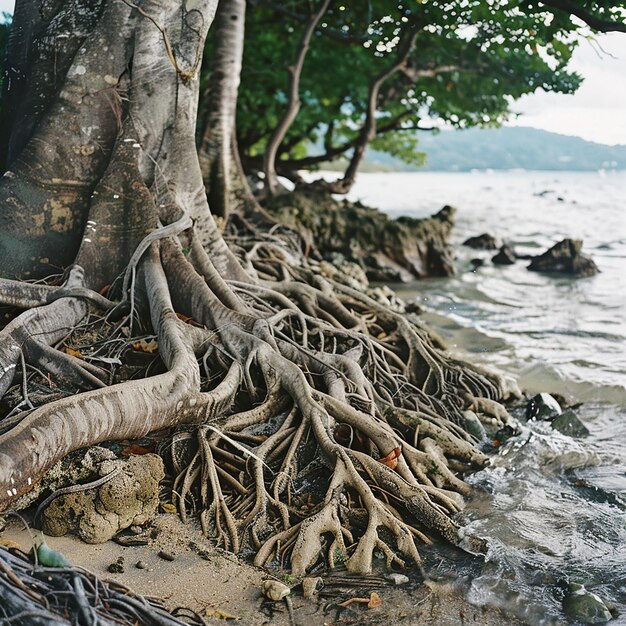 Photo tree roots on the ground near the beach