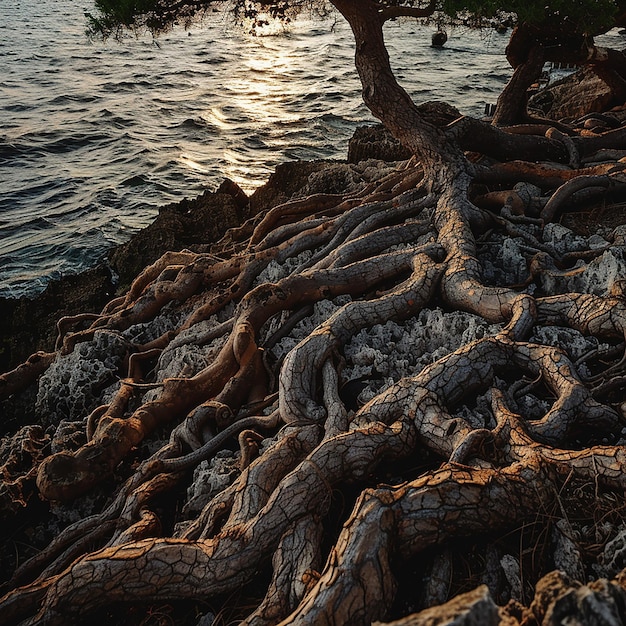 Photo tree roots on the ground near the beach