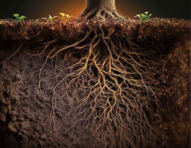 Tree roots growing underground soil section side view Generati