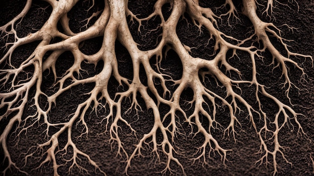 tree roots in soil close up underground