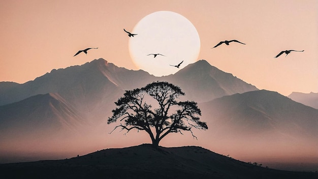 Tree On Savanna With Mountain And Birds On The Sky Minimalist Landscape Illustration