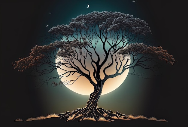 A tree in shadow against a moonlight background