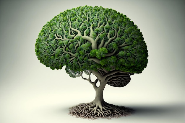 A tree shaped like a human brain symbolizes the growth and development of the mind inspiring thoughts of intellectual advancement Generative AI